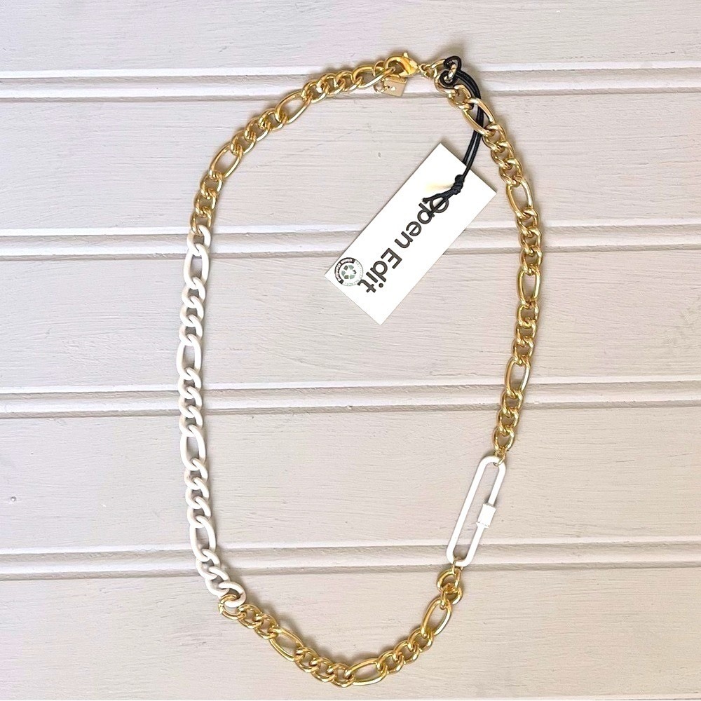 Open Edit Two Tone Mixed Metal Chain Necklace Chunky Gold Tone White NWT